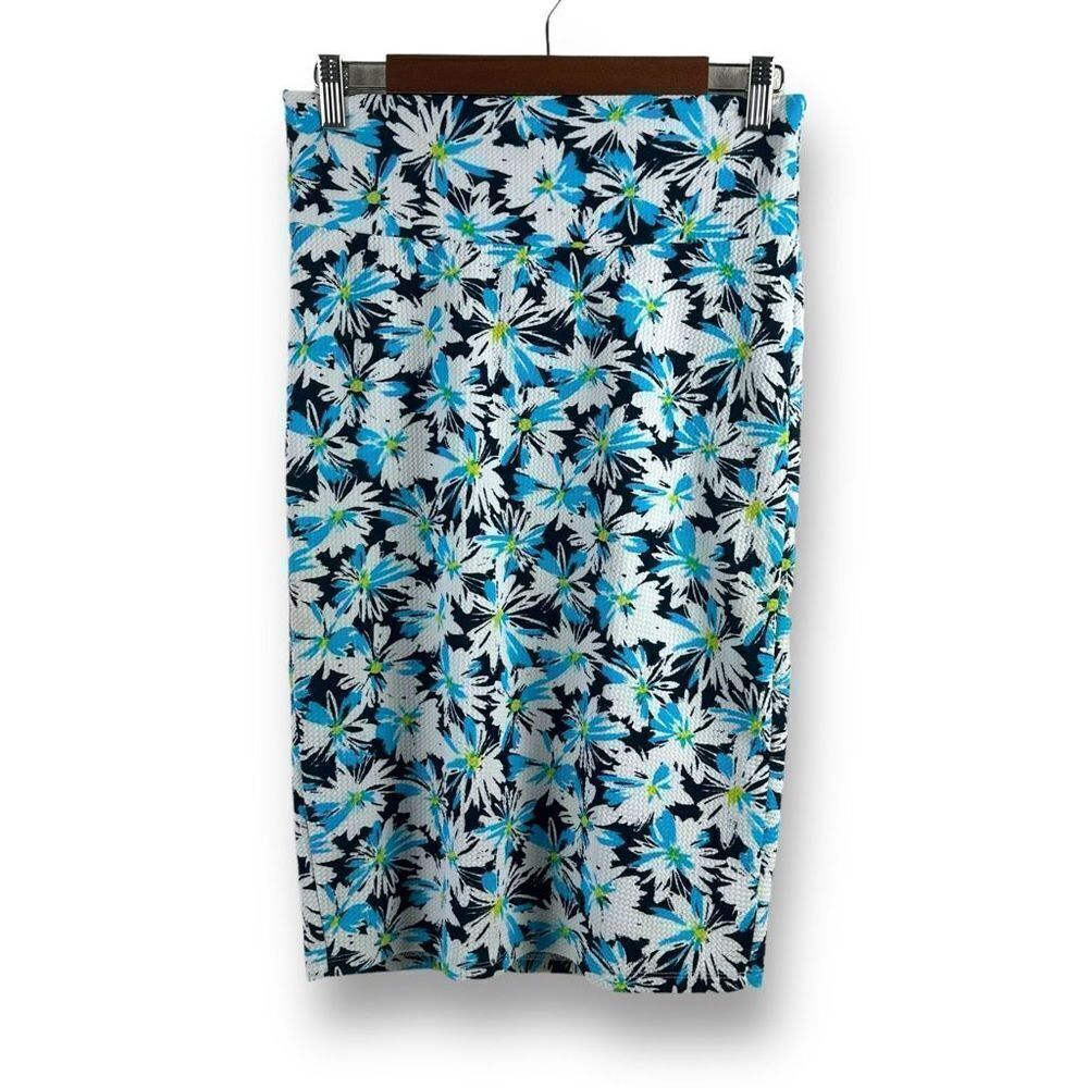 LuLaRoe Women's Size S Cassie Pencil Skirt Blue Flower Daisy Print Stretchy